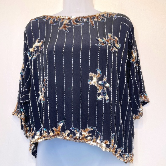 Argenti VTG Embellished Sequin Beaded Glam Dolman Sleeve Asymmetrical Hem Blouse - Picture 2 of 15